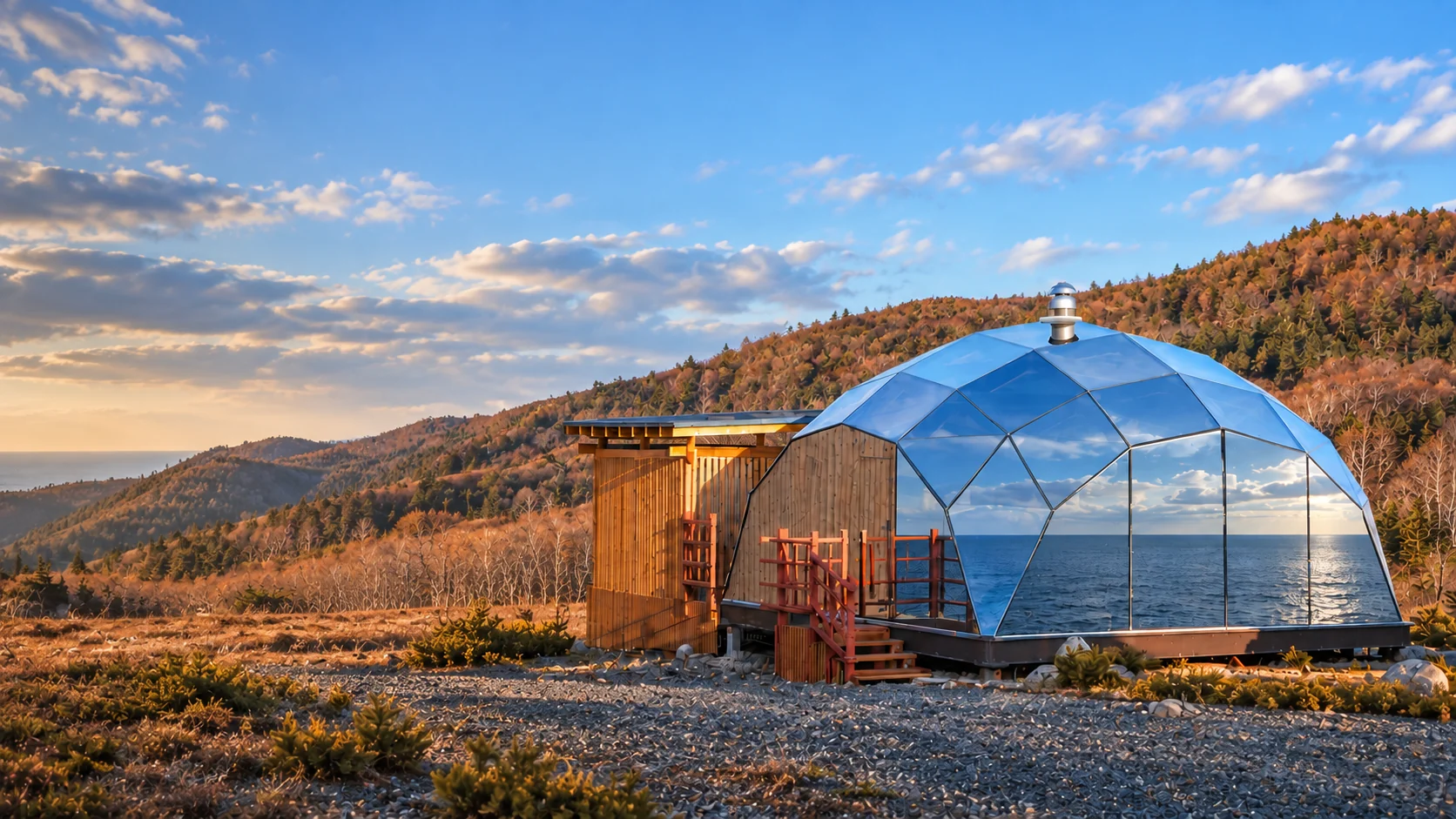 Модуль SkySpa со стеклянным куполом на берегу моря на закате