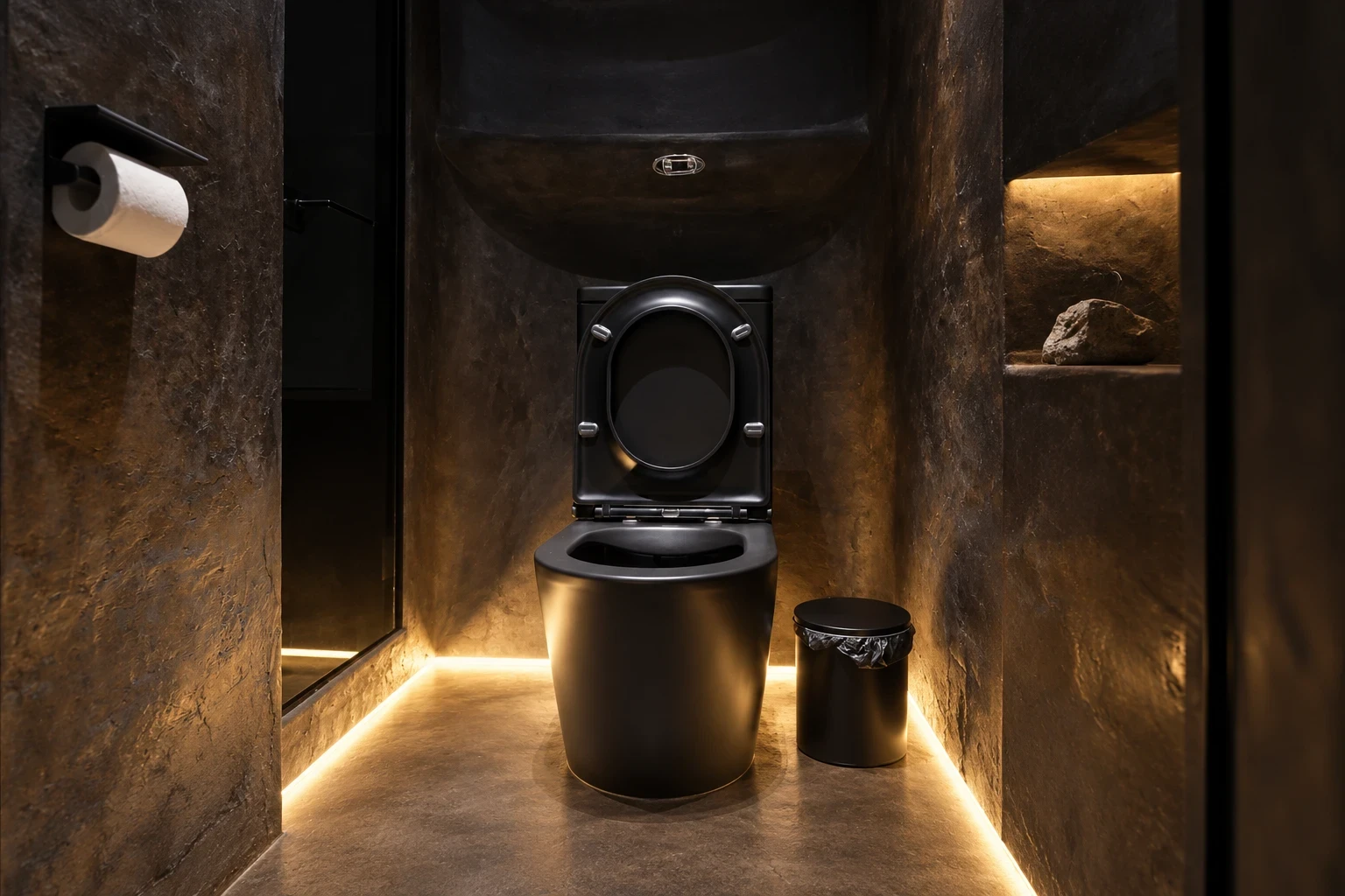 Санузел SkySpa: тёмные стены с фактурой камня и контурная подсветка